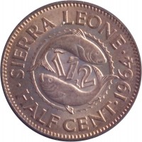 Sierra Leone coin 1/2 Cent (1964) reverse reverse of 1/2 Cent (1964) coin with KM# 16 from Sierra Leone. Inscription: SIERRA LEONE · HALF CENT · 1964 ·