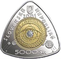Slovakia coin 5000 Korún - Third Millennium (2001) obverse obverse of 5000 Korún - Third Millennium (2001) coin with KM# 58 from Slovakia. Inscription: SLOVENSKÁ REPUBLIKA 2001 5000 Sk