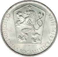 obverse of 10 Korun - 20th Anniversary - Slovak Uprising (1964) coin with KM# 56 from Czechoslovakia. Inscription: ČESKOSLOVENSKÁ SOCIALISTICKÁ REPUBLIKA