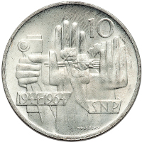 reverse of 10 Korun - 20th Anniversary - Slovak Uprising (1964) coin with KM# 56 from Czechoslovakia. Inscription: 1944-1964 SNP KOLÁŘSKÝ