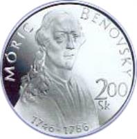 Slovakia coin 200 Korún - Móric Beňovský (1996) reverse reverse of 200 Korún - Móric Beňovský (1996) coin with KM# 34 from Slovakia. Inscription: MÓRIC BEŇOVSKÝ 200 Sk 1746 - 1786