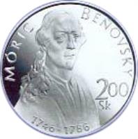 reverse of 200 Korún - Móric Beňovský (1996) coin with KM# 34 from Slovakia. Inscription: MÓRIC BEŇOVSKÝ 200 Sk 1746 - 1786