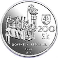 Slovakia coin 200 Korún - Banská tiavnica (1997) obverse obverse of 200 Korún - Banská tiavnica (1997) coin with KM# 38 from Slovakia. Inscription: 200 Sk SLOVENSKÁ REPUBLIKA 1997