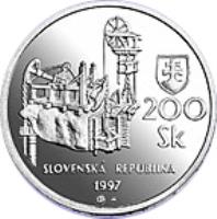 obverse of 200 Korún - Banská tiavnica (1997) coin with KM# 38 from Slovakia. Inscription: 200 Sk SLOVENSKÁ REPUBLIKA 1997