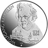 reverse of 200 Korún - Death of Wolfgang Kempelen (2004) coin with KM# 75 from Slovakia. Inscription: WOLFGANG KEMPELEN 1734 1804