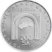 Slovakia coin 200 Korún - Entry Into European Union (2004) reverse reverse of 200 Korún - Entry Into European Union (2004) coin with KM# 78 from Slovakia. Inscription: VSTUP SLOVENSKA DO EURÓPSKEJ ÚNIE 1.5.2004 200 Sk