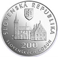 obverse of 200 Korún - Bardejov (2004) coin with KM# 76 from Slovakia. Inscription: SLOVENSKÁ REPUBLIKA 200 SLOVENSKÁCH KORÚN