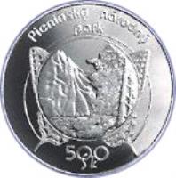 Slovakia coin 500 Korún - Pieniny National Park (1997) reverse reverse of 500 Korún - Pieniny National Park (1997) coin with KM# 39 from Slovakia. Inscription: PIENINSKÝ NÁRODNÝ PARK 500 Sk