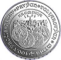 reverse of 500 Korún - Striking of Thaler coins in Kremnica (1999) coin with KM# 50 from Slovakia. Inscription: 500. VÝROČIE RAZBY PRVÝCH TOLIAROVÝCH MINCÍ KREMNICA 1499