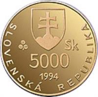Slovakia coin 5000 Korún - Svätopluk (1994) obverse obverse of 5000 Korún - Svätopluk (1994) coin with KM# 29 from Slovakia. Inscription: SLOVENSKÁ REPUBLIKA 5000 Sk 1994
