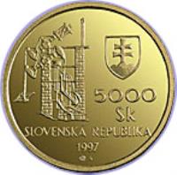 Slovakia coin 5000 Korún - Banská Štiavnica UNESCO 1997 (1997) obverse obverse of 5000 Korún - Banská Štiavnica UNESCO 1997 (1997) coin with KM# 36 from Slovakia. Inscription: SLOVENSKÁ REPUBLIKA 5000 Sk 1997