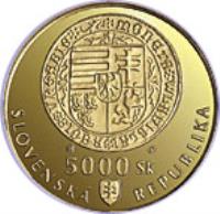 Slovakia coin 5000 Korún - Minting of Thaler coins in Kremnica (1999) obverse obverse of 5000 Korún - Minting of Thaler coins in Kremnica (1999) coin with KM# 54 from Slovakia. Inscription: 5000 Sk SLOVENSKÁ REPUBLIKA