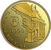 Slovakia coin 5000 Korun - UNESCO World Heritage - Bardejov (2004) obverse obverse of 5000 Korun - UNESCO World Heritage - Bardejov (2004) coin with KM# 80 from Slovakia. Inscription: SLOVENSKÁ REPUBLIKA 2004 5000 Sk