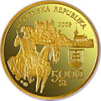 obverse of 5000 Korun - Leopold I - The Bratislava Coronations - 350th Anniversary of the Coronation of Leopold I (2005) coin with KM# 83 from Slovakia. Inscription: SLOVENSKÁ REPUBLIKA 2005 5000 Sk