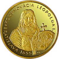 Slovakia coin 5000 Korun - Leopold I - The Bratislava Coronations - 350th Anniversary of the Coronation of Leopold I (2005) reverse reverse of 5000 Korun - Leopold I - The Bratislava Coronations - 350th Anniversary of the Coronation of Leopold I (2005) coin with KM# 83 from Slovakia. Inscription: KORUNOVÁCIA LEOPOLDA I. BRATISLAVA 1655