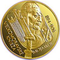 Slovakia coin 5000 Korun - Mojmír II (2006) reverse reverse of 5000 Korun - Mojmír II (2006) coin from Slovakia. Inscription: VEĽKOMORAVKÉ KNIEŽA MOJMÍR II. 894 · 906