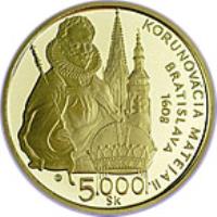 Slovakia coin 5000 Korun - Matthias II (2008) reverse reverse of 5000 Korun - Matthias II (2008) coin with KM# 89 from Slovakia. Inscription: KORUNOVÁCIA MATEJA II. BRATISLAVA 1608 5000 Sk