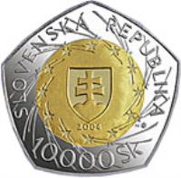 obverse of 10000 Korun - European Union (2004) coin with KM# 79 from Slovakia. Inscription: SLOVENSKÁ REPUBLIKA 2004 10000 Sk