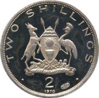 Uganda coin 2 Shillings - Visit of Pope Paul VI (1969 - 1970) obverse obverse of 2 Shillings - Visit of Pope Paul VI (1969 - 1970) coin with KM# 8 from Uganda. Inscription: TWO SHILLINGS · 2 · 1969