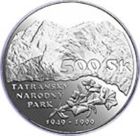 reverse of 500 Korún - Tatransky Park (1999) coin with KM# 47 from Slovakia. Inscription: 500 SK TATRANSKY NARODNY6 PARK 1949 - 1999