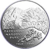 Slovakia coin 500 Korún - Tatransky Park (1999) reverse reverse of 500 Korún - Tatransky Park (1999) coin with KM# 47 from Slovakia. Inscription: 500 SK TATRANSKY NARODNY6 PARK 1949 - 1999