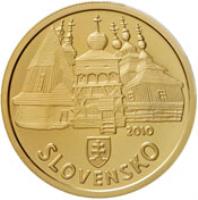 Slovakia coin 100 Euro - UNESCO Heritage Site: Wooden Churches of Carpathian Slovakia (2010) obverse obverse of 100 Euro - UNESCO Heritage Site: Wooden Churches of Carpathian Slovakia (2010) coin with KM# 113 from Slovakia. Inscription: SLOVENSKO 2010