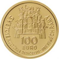 Slovakia coin 100 Euro - UNESCO Heritage Site: Wooden Churches of Carpathian Slovakia (2010) reverse reverse of 100 Euro - UNESCO Heritage Site: Wooden Churches of Carpathian Slovakia (2010) coin with KM# 113 from Slovakia. Inscription: 100 EURO SVETOVÉ KULTÚRNE DEDIČSTVO · DREVENÉ CHRÁMY