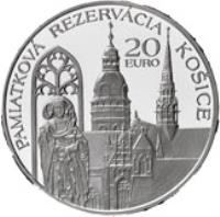 Slovakia coin 20 Euro - Historical Preservation Area of Kosice (2013) reverse reverse of 20 Euro - Historical Preservation Area of Kosice (2013) coin with KM# 129 from Slovakia. Inscription: PAMIATKOVÁ REZEVÁCIA KOŠICE 20 EURO