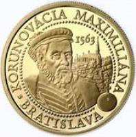 Slovakia coin 100 Euro - Maximilian (2013) reverse reverse of 100 Euro - Maximilian (2013) coin with KM# 132 from Slovakia. Inscription: KORUNOVÁCIA MAXIMILIÁNA 1563 · BRATISLAVA