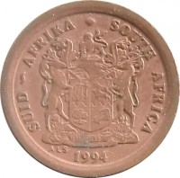 obverse of 2 Cents - SUID-AFRIKA - SOUTH AFRICA (1990 - 1995) coin with KM# 133 from South Africa. Inscription: SUID-AFRIKA · SOUTH AFRICA EX UNITATE VIRES 1993 ALS