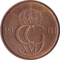 obverse of 5 Öre - Carl XVI Gustaf (1981 - 1984) coin with KM# 849a from Sweden. Inscription: 19 CG 83 XVI