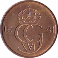 Sweden coin 5 Öre - Carl XVI Gustaf (1981 - 1984) obverse obverse of 5 Öre - Carl XVI Gustaf (1981 - 1984) coin with KM# 849a from Sweden. Inscription: 19 CG 83 XVI