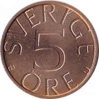 Sweden coin 5 Öre - Carl XVI Gustaf (1981 - 1984) reverse reverse of 5 Öre - Carl XVI Gustaf (1981 - 1984) coin with KM# 849a from Sweden. Inscription: SVERIGE 5 ÖRE U