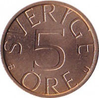 reverse of 5 Öre - Carl XVI Gustaf (1981 - 1984) coin with KM# 849a from Sweden. Inscription: SVERIGE 5 ÖRE U