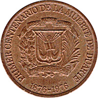 Dominican Republic coin 1 Centavo - 100th Anniversary of the Death of Juan Pablo Duarte (1976) obverse obverse of 1 Centavo - 100th Anniversary of the Death of Juan Pablo Duarte (1976) coin with KM# 40 from Dominican Republic. Inscription: PRIMER CENTENARIO DE LA MUERTE DE DUARTE DIOS PATRIA LIBERTAD REPUBLICA DOMINICANA 1876-1976