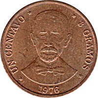 reverse of 1 Centavo - 100th Anniversary of the Death of Juan Pablo Duarte (1976) coin with KM# 40 from Dominican Republic. Inscription: * UN CENTAVO * * 3 GRAMOS * 1976