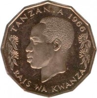 obverse of 5 Senti (1966 - 1984) coin with KM# 1 from Tanzania. Inscription: TANZANIA 1976 RAIS WA KWANZA