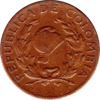 obverse of 5 Centavos - 150th Anniversary of the Proclamation of Independence of Colombia (1960) coin with KM# 220 from Colombia. Inscription: REPUBLICA DE COLOMBIA LIBERTAD 1810-1960