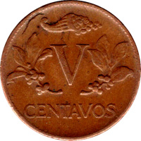 reverse of 5 Centavos - 150th Anniversary of the Proclamation of Independence of Colombia (1960) coin with KM# 220 from Colombia. Inscription: V CENTAVOS