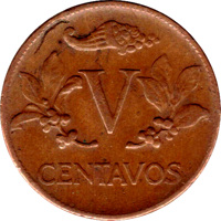 Colombia coin 5 Centavos - 150th Anniversary of the Proclamation of Independence of Colombia (1960) reverse reverse of 5 Centavos - 150th Anniversary of the Proclamation of Independence of Colombia (1960) coin with KM# 220 from Colombia. Inscription: V CENTAVOS