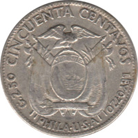 obverse of 50 Centavos (1928 - 1930) coin with KM# 71 from Ecuador. Inscription: G.2.50 CINCUENTA CENTAVOS LEY 0720 PHILA.U.S.A