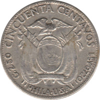 Ecuador coin 50 Centavos (1928 - 1930) obverse obverse of 50 Centavos (1928 - 1930) coin with KM# 71 from Ecuador. Inscription: G.2.50 CINCUENTA CENTAVOS LEY 0720 PHILA.U.S.A