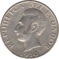 reverse of 50 Centavos (1928 - 1930) coin with KM# 71 from Ecuador. Inscription: REPUBLICA DEL ECUADOR