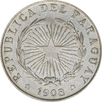 Paraguay coin 5 Centavos (1908) obverse obverse of 5 Centavos (1908) coin with KM# 9 from Paraguay. Inscription: REPUBLICA DEL PARAGUAY * 1908 *