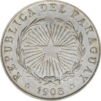 obverse of 5 Centavos (1908) coin with KM# 9 from Paraguay. Inscription: REPUBLICA DEL PARAGUAY * 1908 *