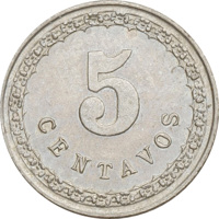 reverse of 5 Centavos (1908) coin with KM# 9 from Paraguay. Inscription: 5 CENTAVOS