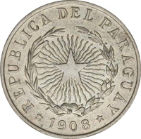 obverse of 20 Centavos (1908) coin with KM# 11 from Paraguay. Inscription: REPUBLICA DEL PARAGUAY * 1908 *