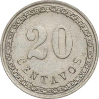 reverse of 20 Centavos (1908) coin with KM# 11 from Paraguay. Inscription: 20 CENTAVOS