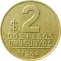 Uruguay coin 2 Pesos Uruguayos (1994 - 2007) reverse reverse of 2 Pesos Uruguayos (1994 - 2007) coin with KM# 104 from Uruguay. Inscription: $2 DOS PESOS URUGUAYOS 1994