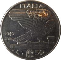 reverse of 50 Centesimi - Vittorio Emanuele III - Non magnetic (1939 - 1940) coin with KM# 76a from Italy. Inscription: ITALIA 1940 XVIII R C. 50